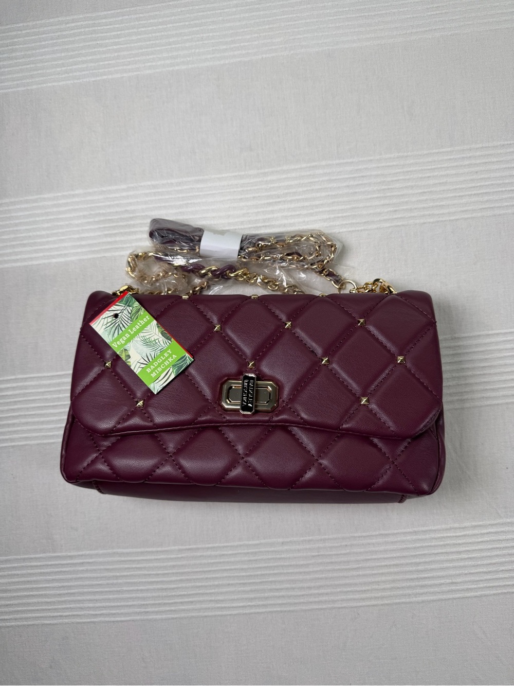 Badgley Mischka Quilted Crossbody Bag in Burgundy with Gold Chain